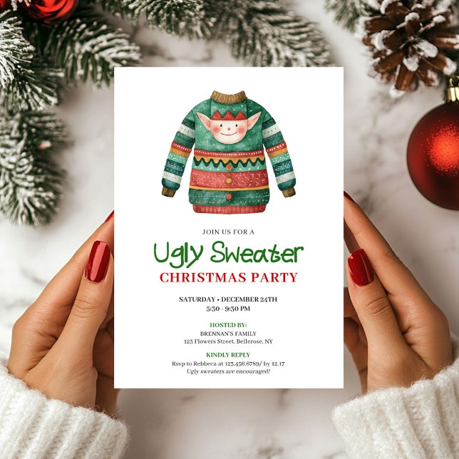Convite Playful Funny Ugly Sweater Xmas Party Card (Playful Funny Ugly Sweater Xmas Party Card)