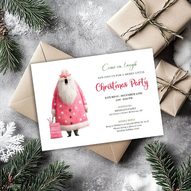 Convite Playful Pink Santa Funny Christmas Party Printable (Playful Pink Santa Funny Christmas Party Printable)