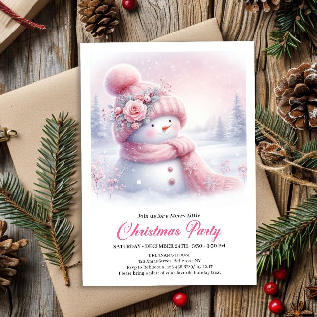 Convite Playful Pink Snowman Editable Kids Christmas  (Playful Pink Snowman Editable Kids Christmas Invite File)