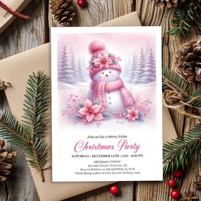 Convite Playful Snowy Forest Pink Snowman Kids Invitation (Playful Snowy Forest Pink Snowman Kids Invite Download)
