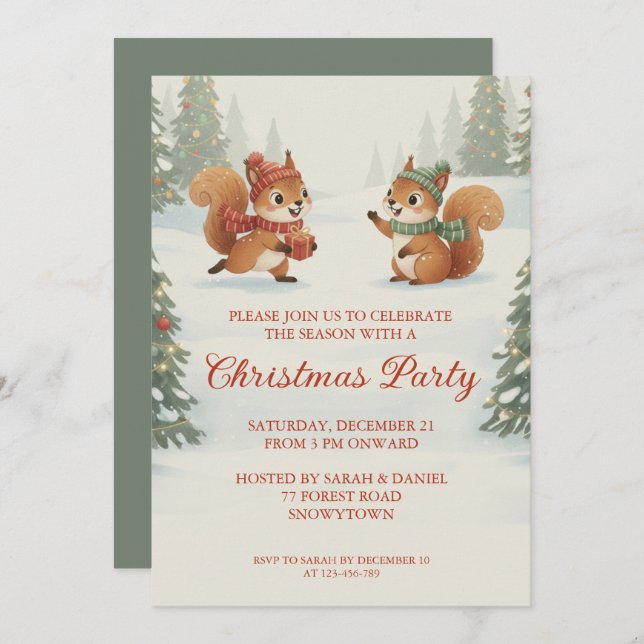 Convite Playful Squirrels in Christmas Winter Forest (Frente/Verso)