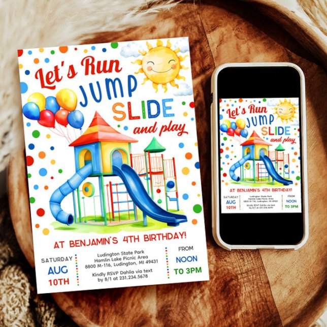 Convite Playground Birthday - Executar jogada de slides de (Celebrate with our digital Park Slide invitation—perfect for a boy's outdoor playground birthday.)