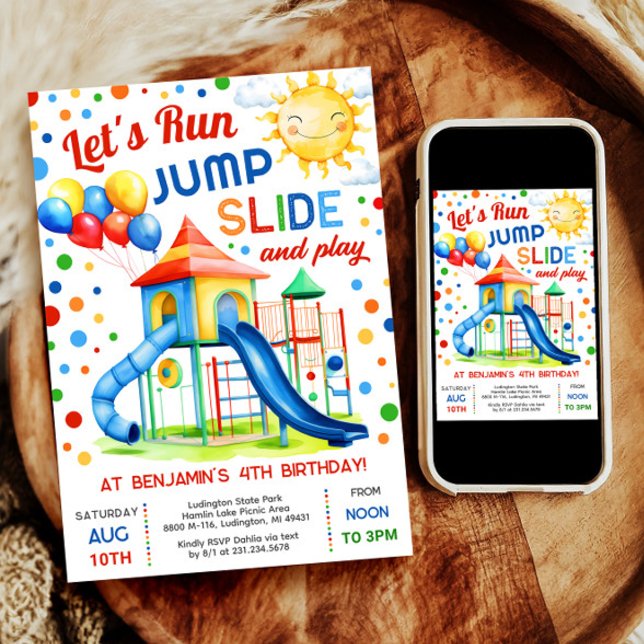 Convite Playground Birthday - Executar jogada de slides de (Celebrate with our digital Park Slide invitation—perfect for a boy's outdoor playground birthday.)