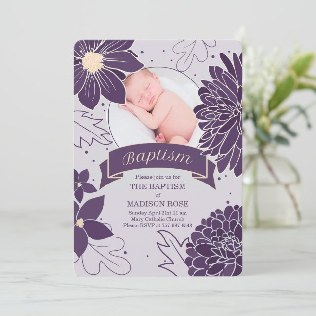 Convite Plum Botanicals para Raparigas com Batismo Fotográ (Em pé/Frente)