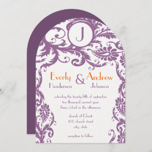 Convite Plum Damask Monogram Wedding Invitation