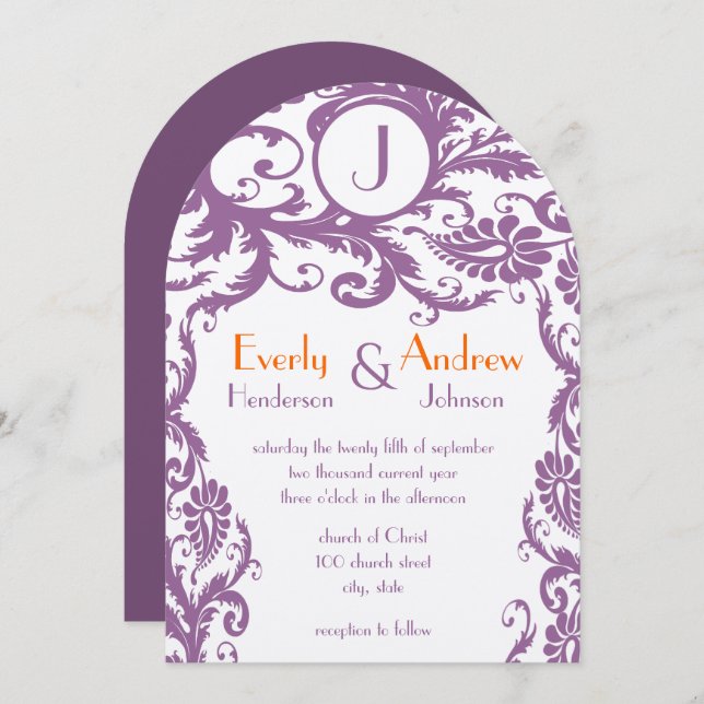 Convite Plum Damask Monogram Wedding Invitation (Frente/Verso)