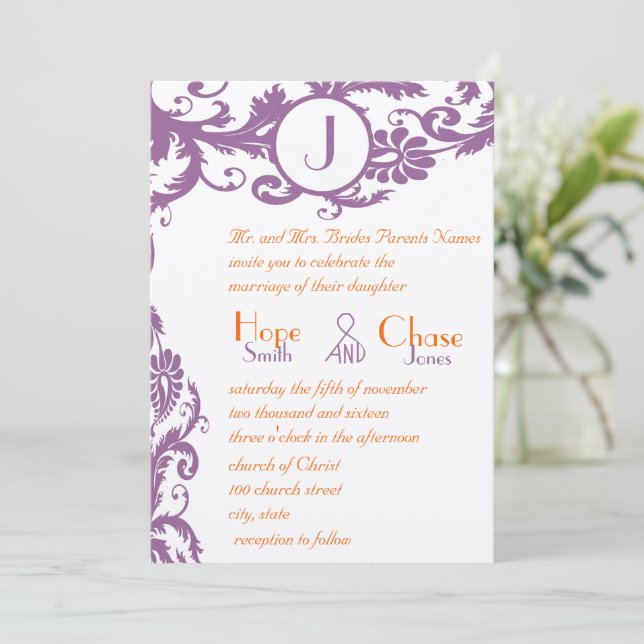 Convite Plum Damask Orange Monogram Wedding Invitation (Em pé/Frente)