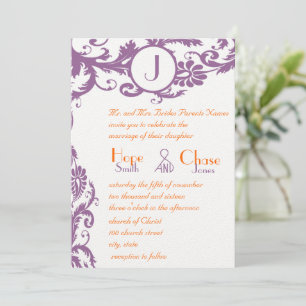 Convite Plum Damask Orange Monogram Wedding Invitation