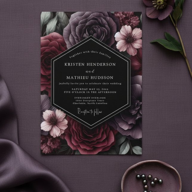 Convite Plum Dark Bloom Romance Wedding (Criador carregado)