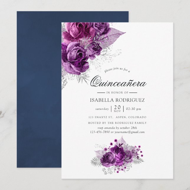 Convite Plum e Azul Marinho Floral Quinceañera em Aquarela (Frente/Verso)
