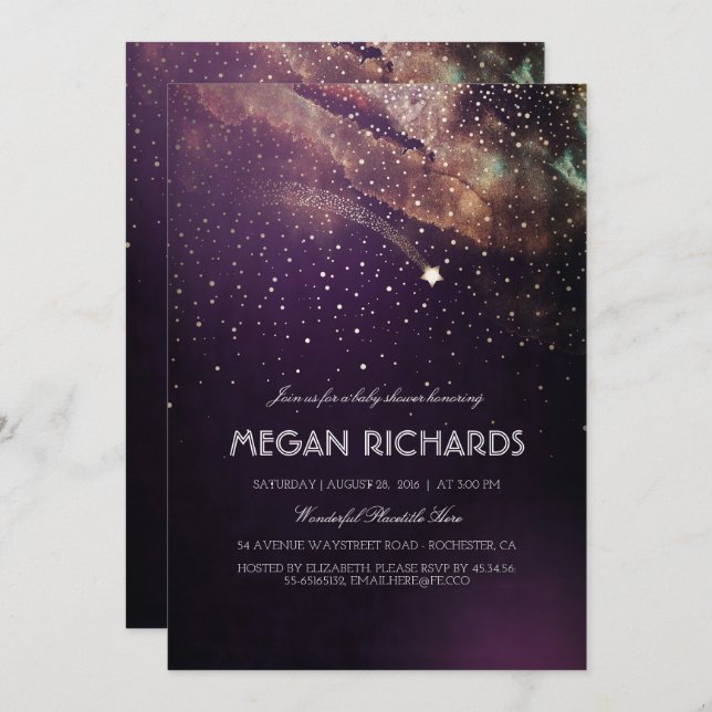 Convite Plum e Dourado Chá de fraldas estrelado de estrela (Frente/Verso)