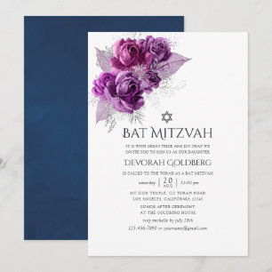 Convite Plum e Navy Floral em Aquarela Bat Mitzvah