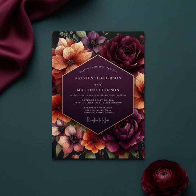 Convite Plum Floral Dusk Wedding (Criador carregado)