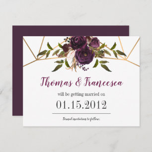 Convite Plum Floral Faux Dourado Geométrico Salvar a Placa