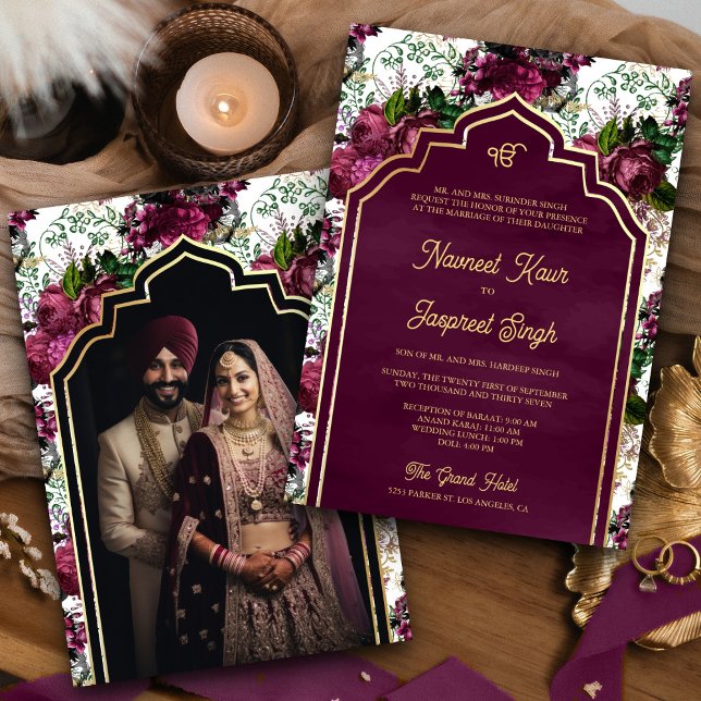 Convite Plum Floral Foto Anand Karaj Sikh Casamento (Criador carregado)