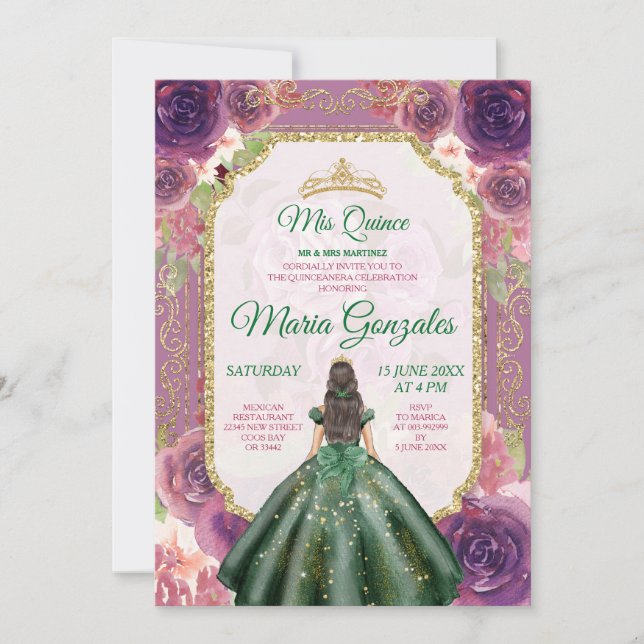 Convite Plum Floral Girl Charra Mis Quince Emerald Green (Frente)