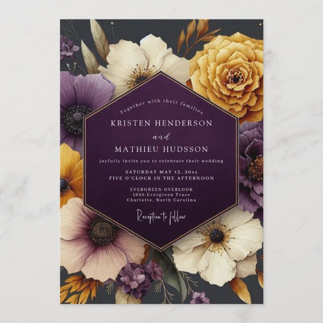 Convite Plum & Gold Moody Floral Wedding (Frente)