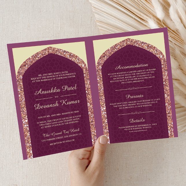 Convite Plum Mauve Rosa Dourado Tudo em Um Casamento India (Criador carregado)