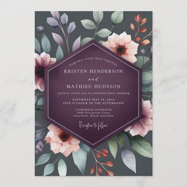 Convite Plum Moody Botanical Autumn Wedding (Frente)