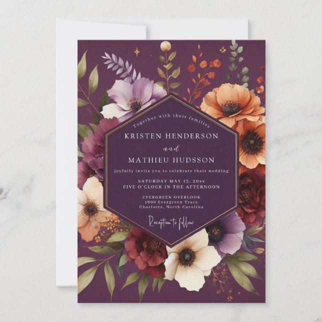 Convite Plum Moody Botanical Wedding (Frente)