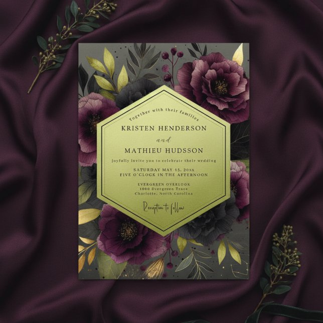 Convite Plum Moody Botanical Wedding (Criador carregado)