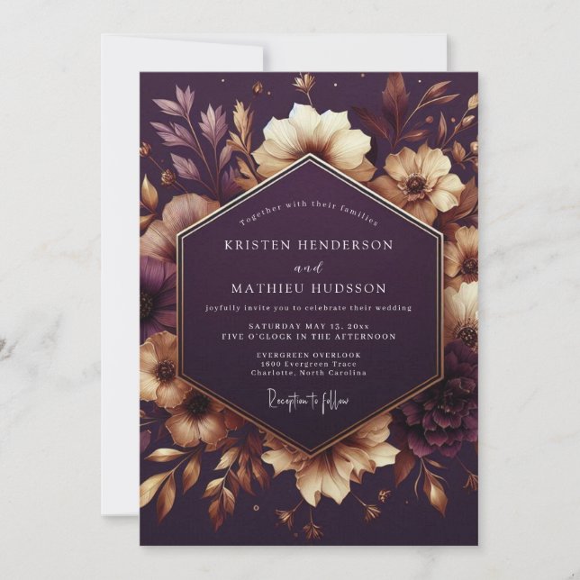 Convite Plum Moody Floral Twilight Wedding (Frente)