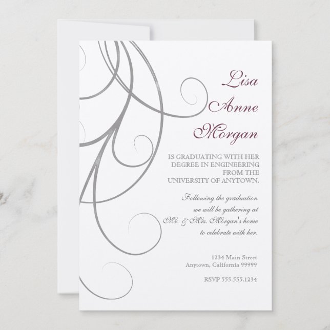 Convite Plum n Silver Leaf Swirl Damask 2 Graduação (Frente)