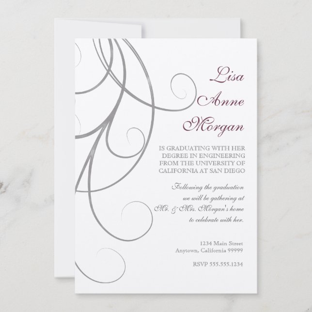 Convite Plum n Silver Leaf Swirl Damask 2 Graduação (Frente)