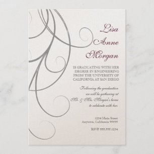 Convite Plum n Silver Leaf Swirl Damask 2 Graduação