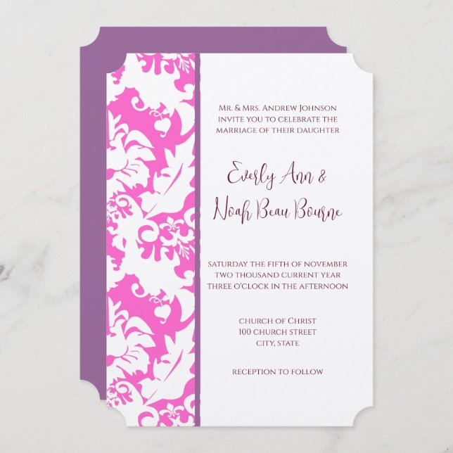 Convite Plum & Pink Damask Wedding Invitations (Frente/Verso)
