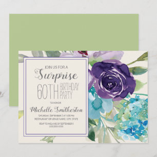 Convite Plum Purple Blue Floral Surprise 60th Birthday