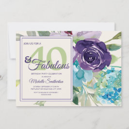 Convite Plum Purple Blue Watercolor Floral 40 e Fabuloso
