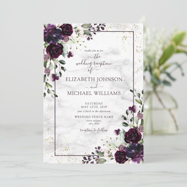 Convite Plum Purple Gold Watercolor Marble Fall Reception (Em pé/Frente)