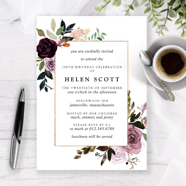 Convite Plum Purple Mauve Pink Floral 100º Aniversário (Criador carregado)