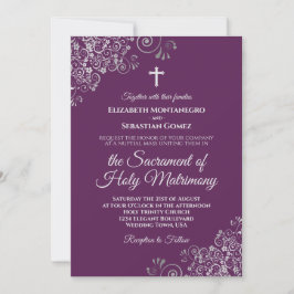 Convite Plum Purple & Silver Chic Modern Catholic Wedding