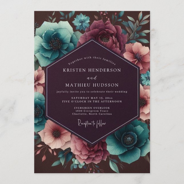 Convite Plum & Teal Nocturnal Bloom Wedding (Frente)