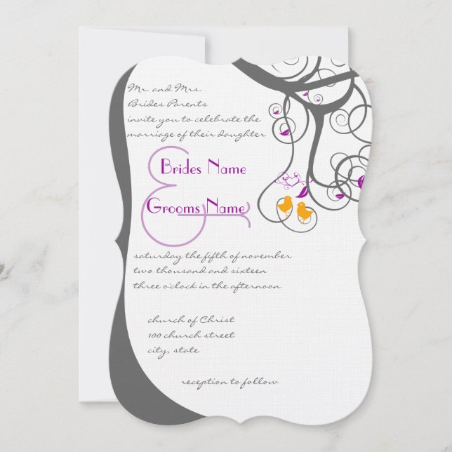 Convite Plum Tree Swirls Love Birds Damask Back 2 Wedds (Frente)