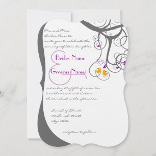 Convite Plum Tree Swirls Love Birds Damask Back 2 Wedds