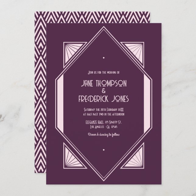 Convite Plum Velvet & Soft Blush Art Deco Wedding Photo (Frente/Verso)