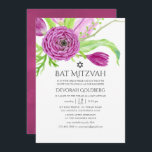 Convite Plum Watercolor Bat Floral Mitzvah<br><div class="desc">Concurso de morcego mitzvah de aquarela botânica. As flores apresentadas são ranúculus,  tulipas,  violetas e crocos.</div>