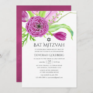 Convite Plum Watercolor Bat Floral Mitzvah