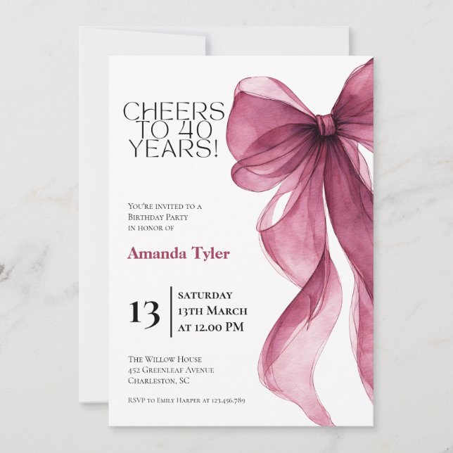 Convite Plum Watercolor Bow Birthday  Invitation (Frente)