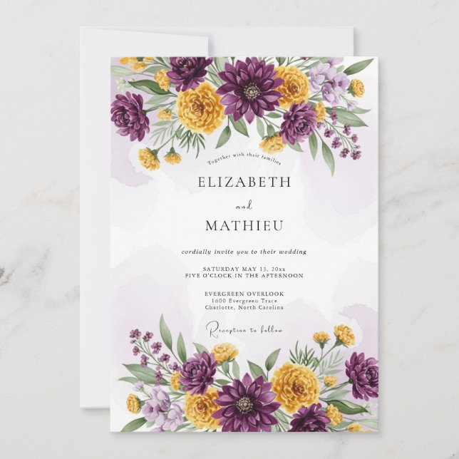 Convite Plum Yellow Dazzling Floral Wedding (Frente)