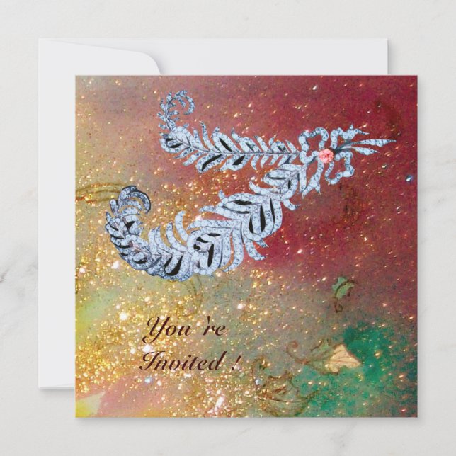 Convite PLUMAGEM DIAMANTE, faíscas marrons amarelas verdes (Frente)