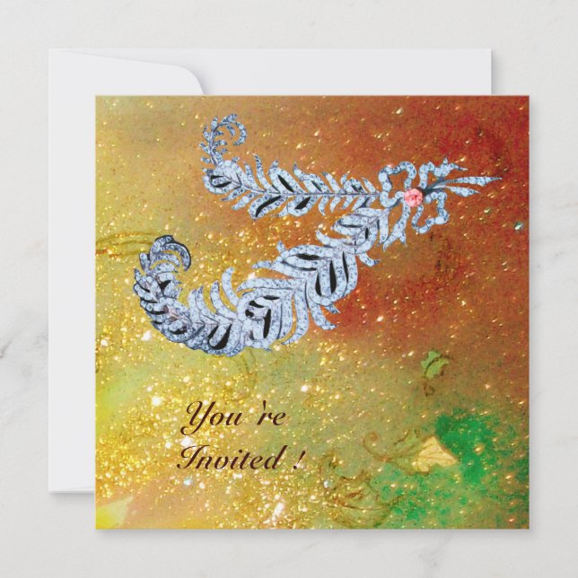 Convite PLUMAS DE DIAMANTE, faíscas marrons amarelas verde (Frente)