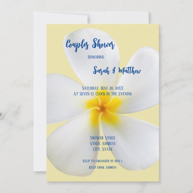 Convite Plumeria Branca em Chá Amarelo, Floral, Casais (Frente)