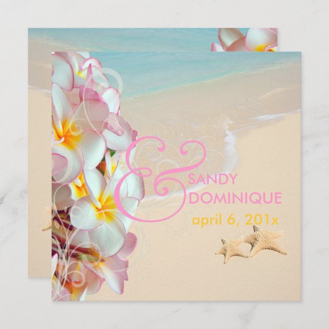 Convite Plumeria Rosa PixDezines+Praia/Nadarias/Tropical (Frente/Verso)