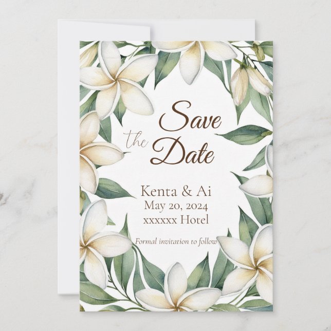 Convite Plumeria Wedding Save the Date Card (Frente)