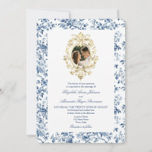 Convite Pó Azul Desbotado Floral Toile Francês Foto Casame