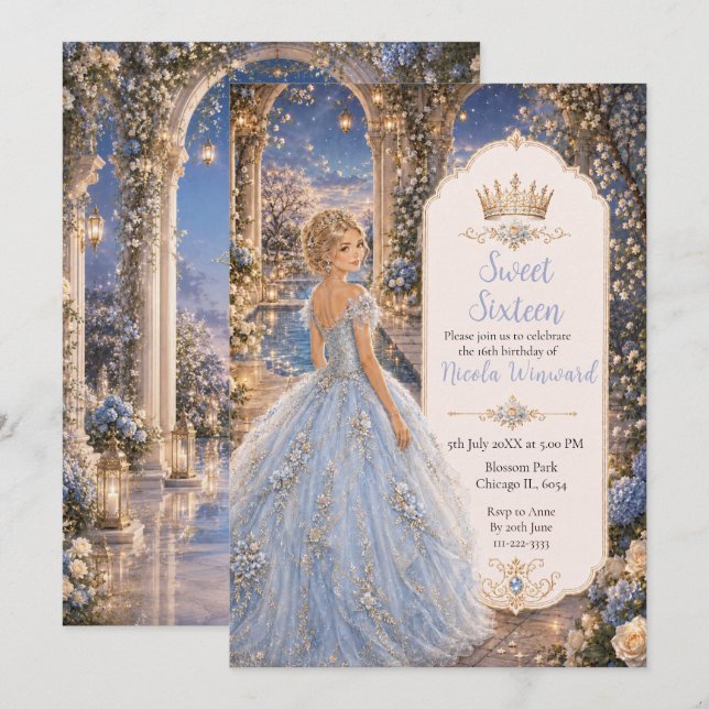 Convite Pó Azul Sweet 16 Princesa Jardim (Frente/Verso)